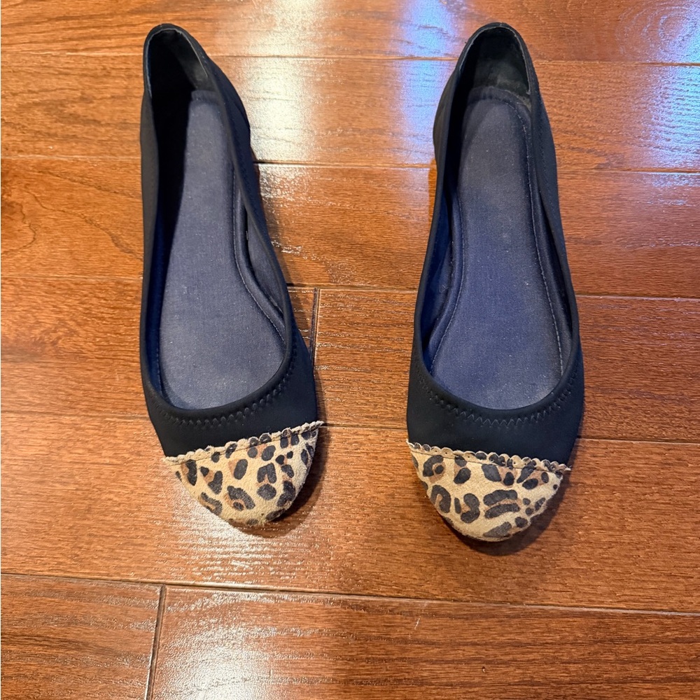 Jack Rogers Black Flats with Leopard Toe Cap